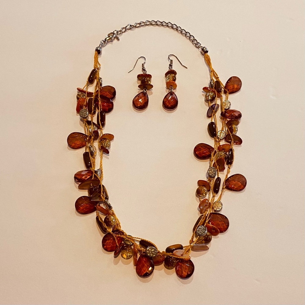 Boho Chic Amber & Carnelian Toned Multi-Strand Statement Necklace & Earring Set